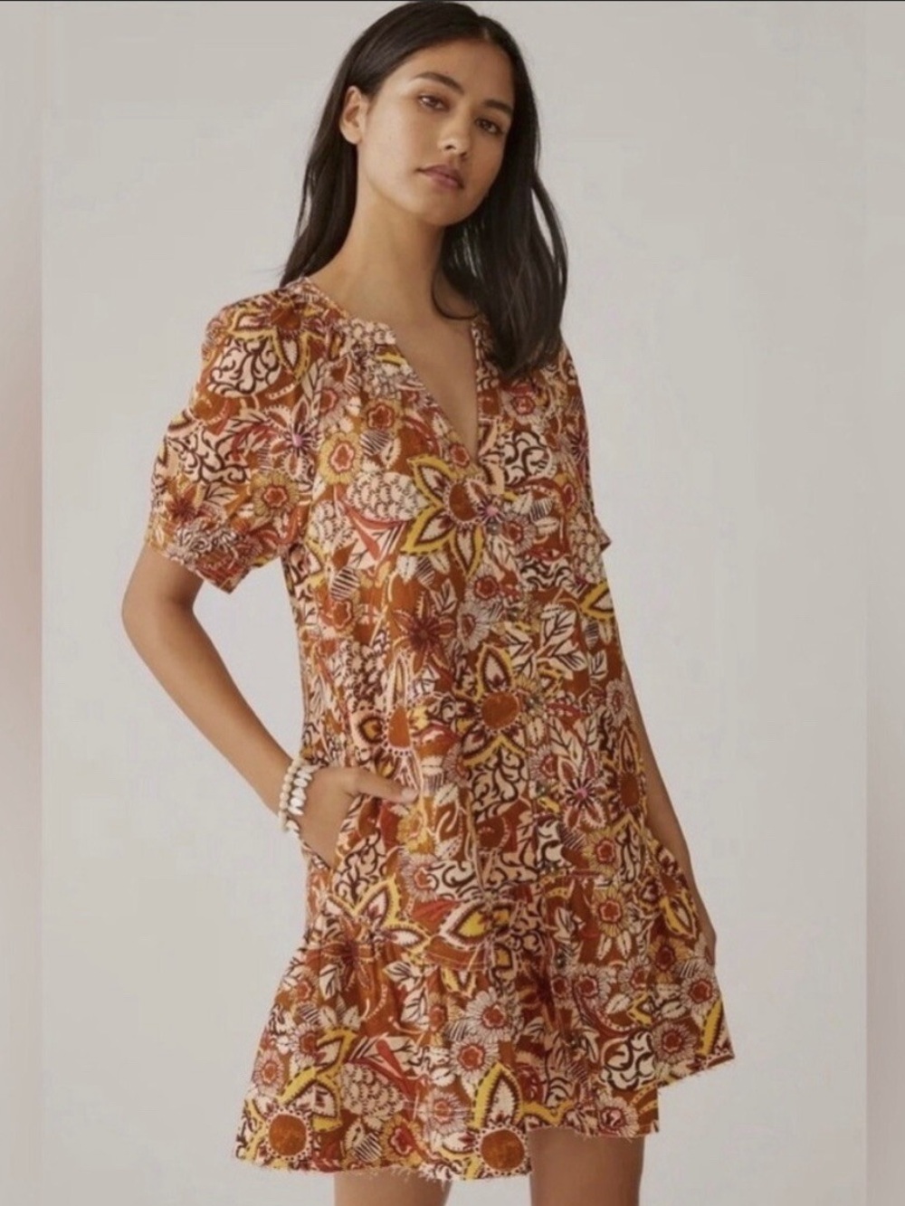 Pilcro Floral V-Neck Mini Dress in Rust and Yellow
